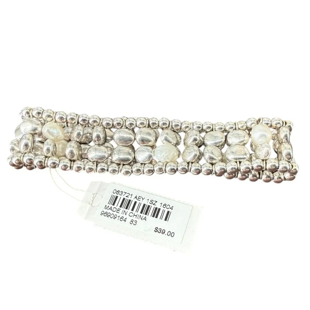 J Jill Silver Beaded Bracelet Stretch Pearl Accent Wide Boho Artisan Costal NWT